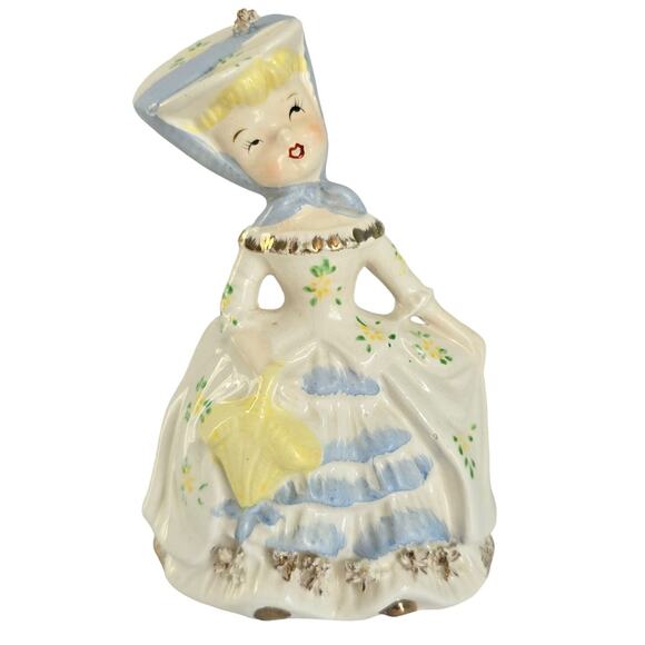 Vintage Figurine Planter Woman Bonnet 50s 60s Kitsch Japanese Gone With the Wind - Picture 1 of 12